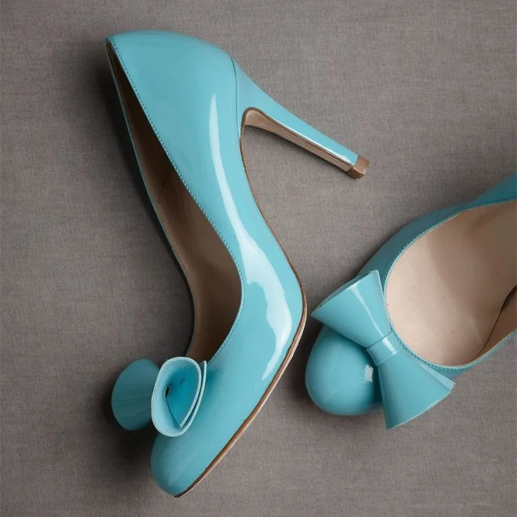 Aqua Patent Leather Round Toe Bow Stiletto Pumps Vdcoo