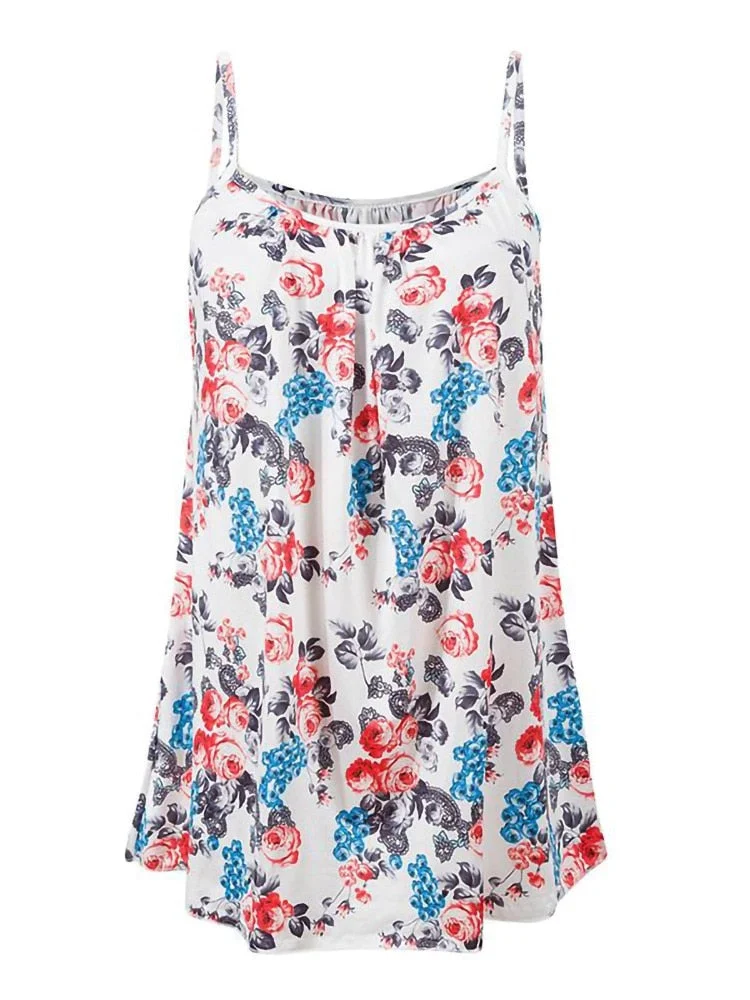 2022 New Summer Floral Print Long T Shirt Women O-neck Sexy Sleeveless Top Streetwear Womens Plus Size Fashions Tee Shirt Femme