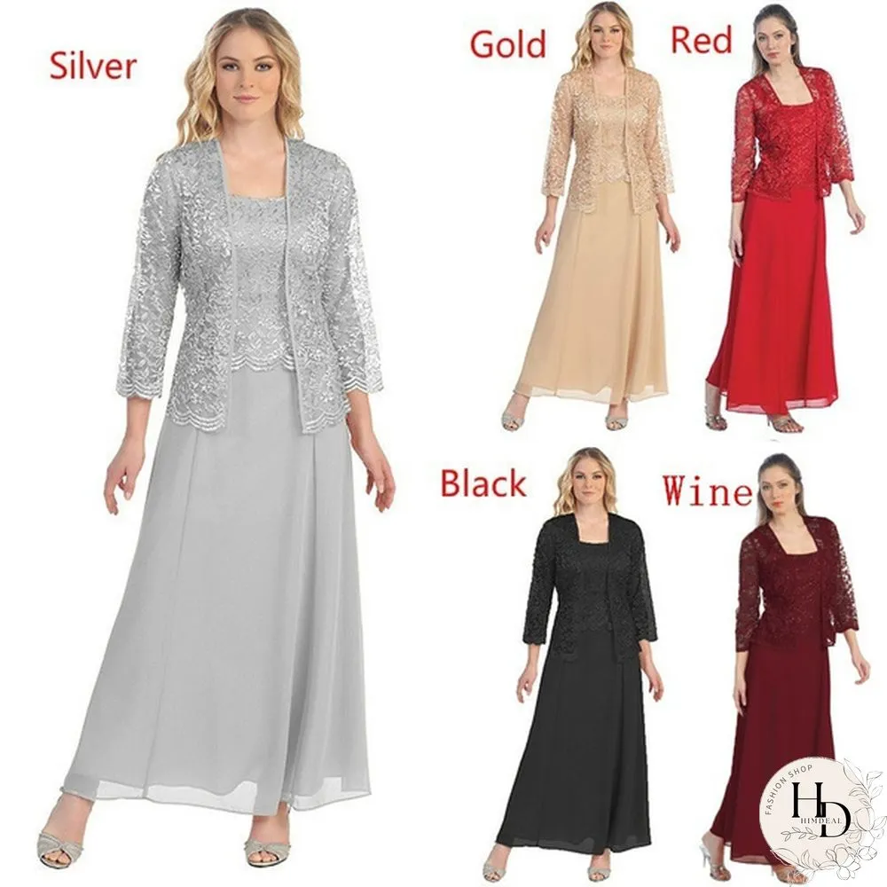 New Women Lace Cardigan And Chiffon Maxi Skirt Two-Piece Ladies Fashion Long Chiffon Dress Mother Of Groom Dress With Lace Long Sleeve