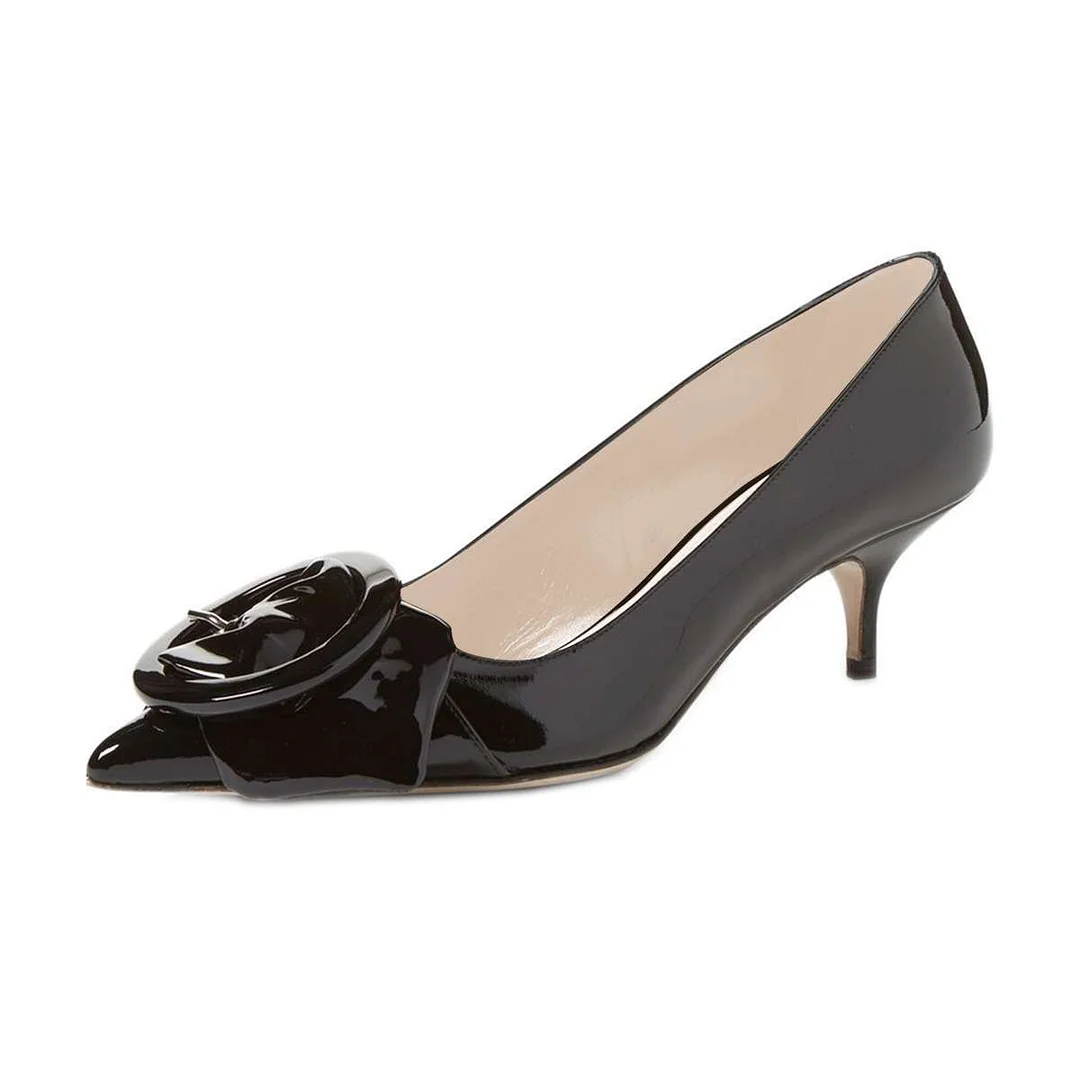 Patent Leather Buckle Inlay Pointed Fashionable Pumps with Kitten Heel