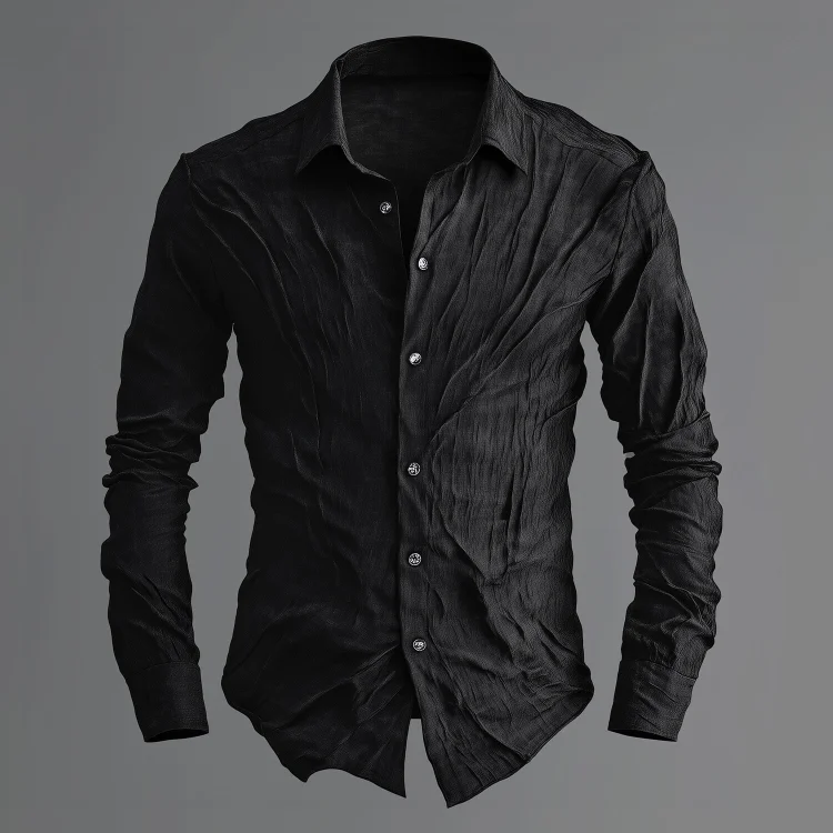Okaywear Turndown Collar Long Sleeve Button Solid Wrinkled Shirt 