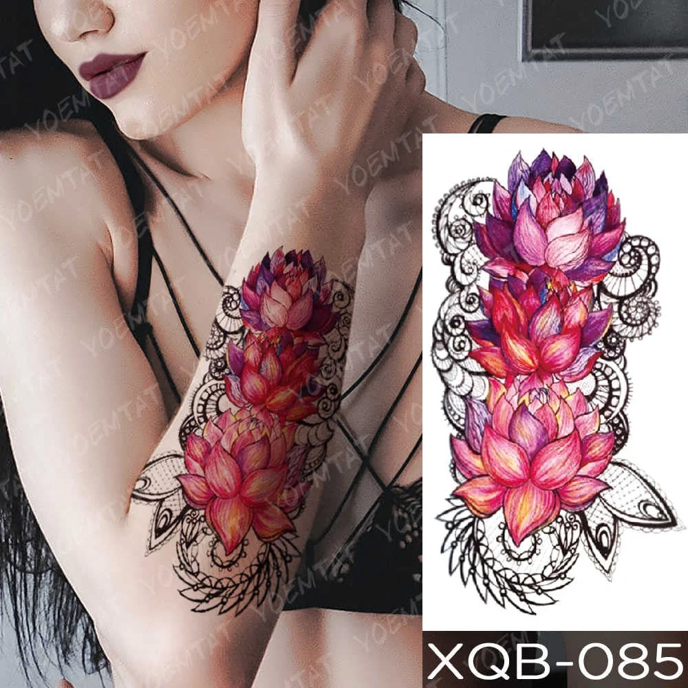 Waterproof Temporary Tattoo Sticker Pink Lotus Rose Lace Flowers Flash Tattoos Snake Dragon Body Art Arm Fake Tatoo Women Men