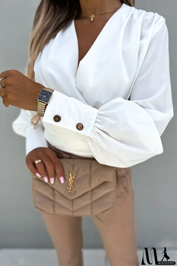 MidiSono - Surplice Puff Sleeve Wrap Blouse