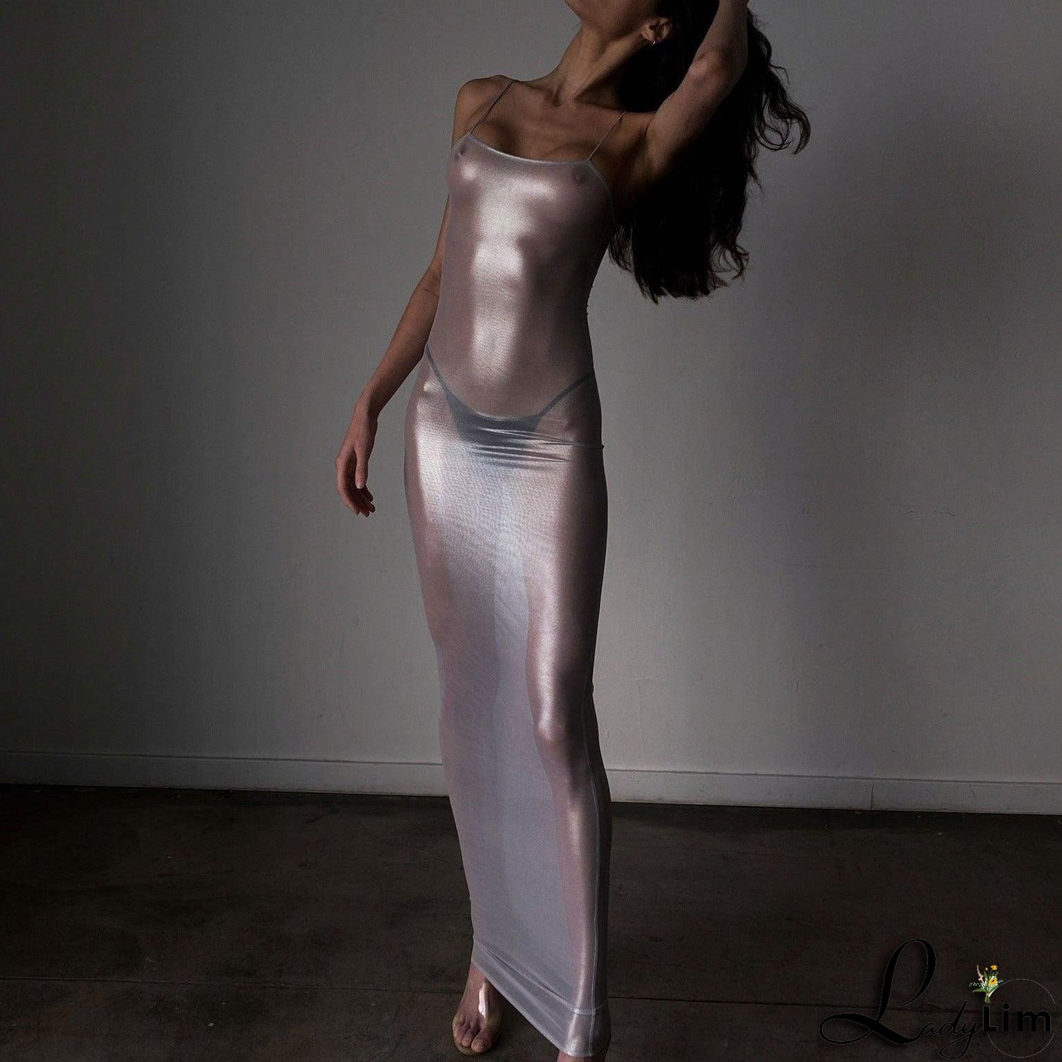 Focused On Me Sheer Metallic Maxi Dress