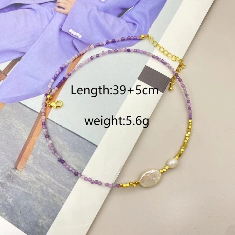 IG Style Geometric Natural Stone Pearl Black Gallstone Beaded Chain Necklace In Bulk