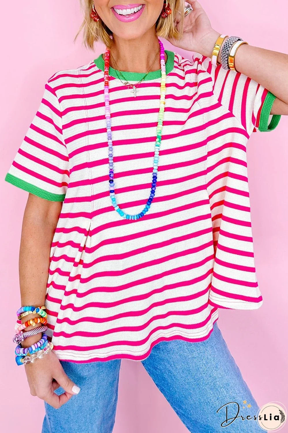 Rose Stripe Contrast Trim Crew Neck Loose Short Sleeve Top