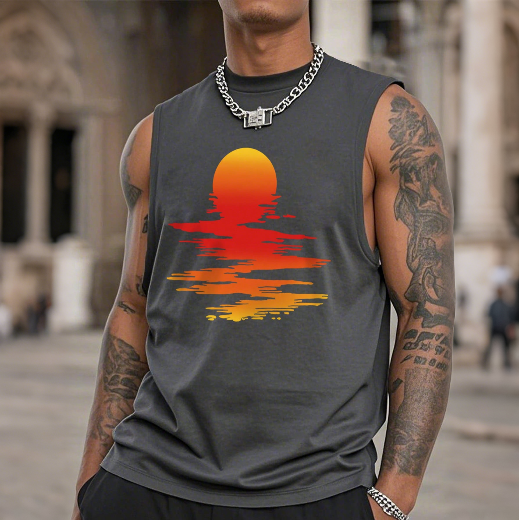 Men's Casual Round Neck Sunset Print Tank Top / TECHWEAR CLUB / Techwear