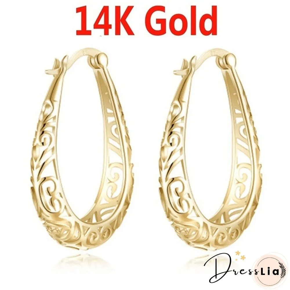Luxury 14K Solid Gold Dangle Hollow Earrings Hoop Stud Party Wedding Engagement Earring