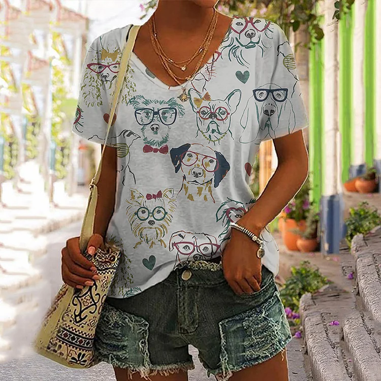 Cute Face Dogs Art Print Casual T-Shirt