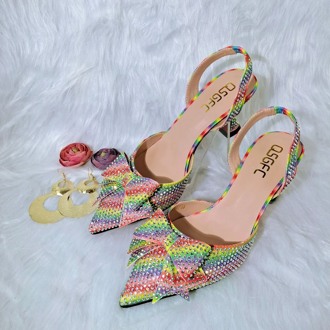 QSGFC 2022 New Fashion Full Of Crystal Decoration Style Rainbow Glass Heel Friends Party Shoes Ladies Shoes And Bag For Party