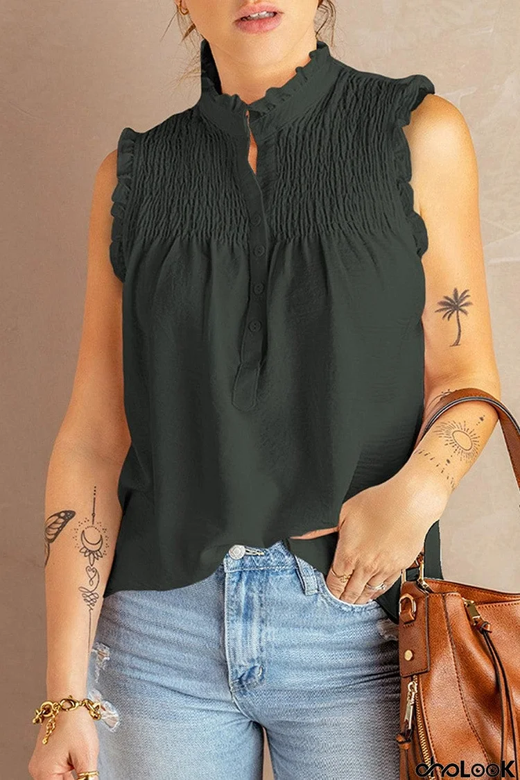 Buttoned Frill Trim Smocked Sleeveless Blouse