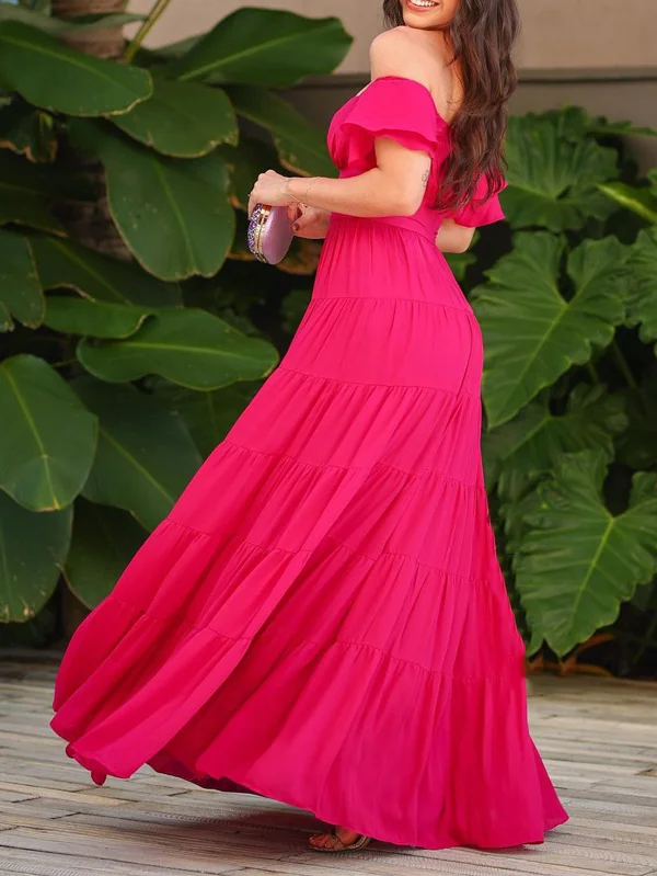 Plain Pleated Short Sleeves Off-The-Shoulder Maxi Dresses