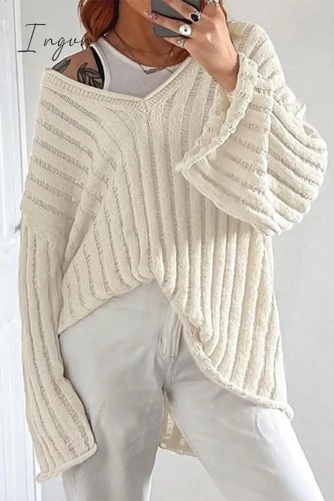 Ingvn - Casual Solid Patchwork V Neck Tops Apricot / S Tops/Sweaters & Cardigans
