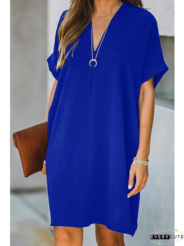 Casual Dress Midi Black White Yellow Short Sleeve Pure Color Summer Spring Neck Hot XXL