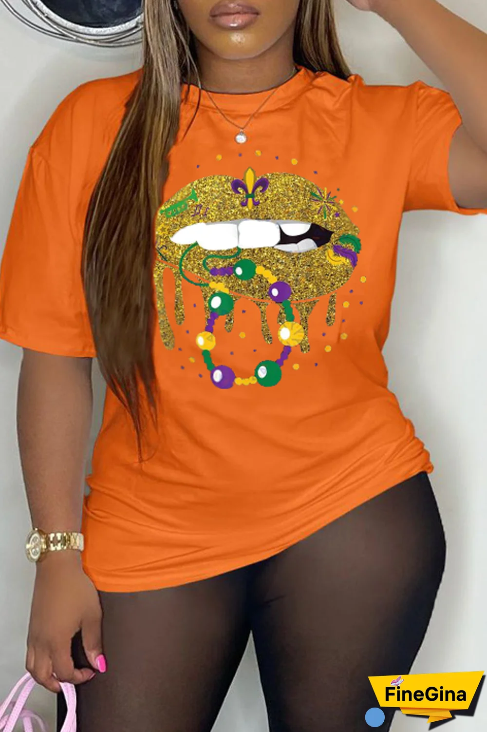 Grey Party Vintage Lips Printed Patchwork O Neck T-Shirts