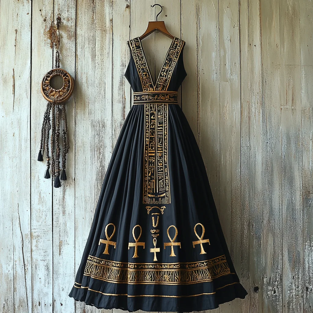 Ankh Ancient Egyptian Embroidered Linen Maxi Dress