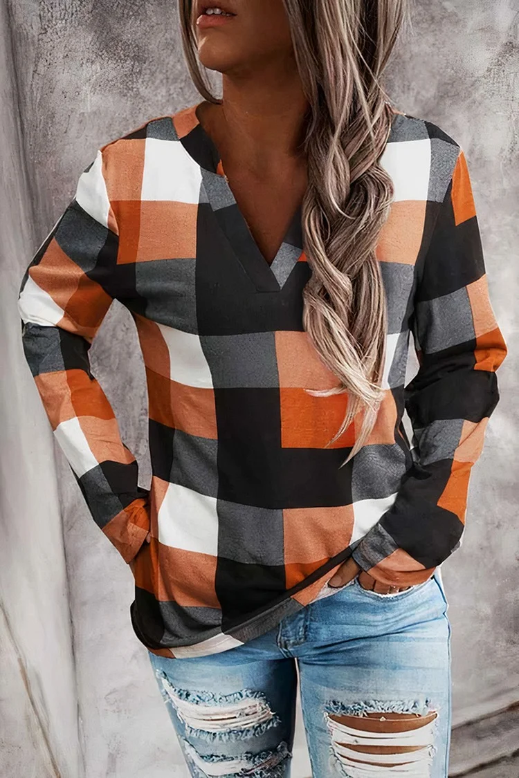 Plaid Pattern Long Sleeve V Neck Blouse