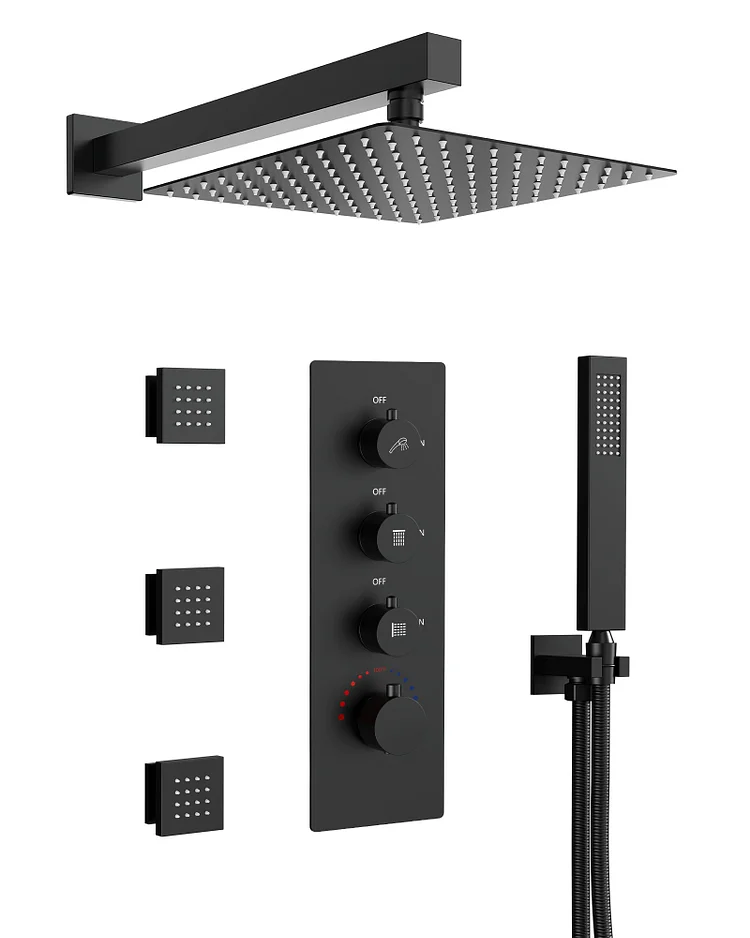 SFS1002-BK12-1 Thermostatic Rainfall Shower System with 3 Body Jets, Handheld Spray, and Extra 3 Side Sprays