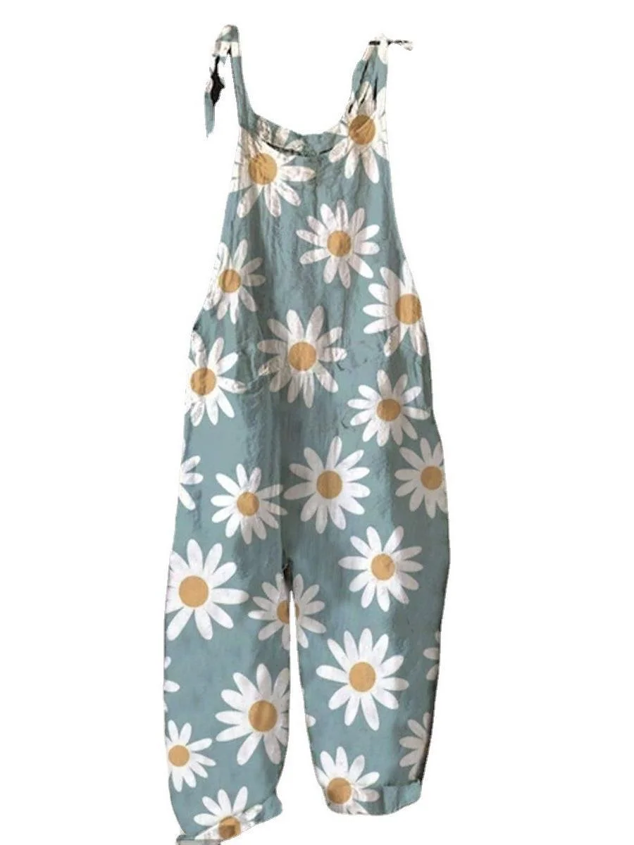 Brownm Summer Slub Linen Vintage Print Wide Dresses