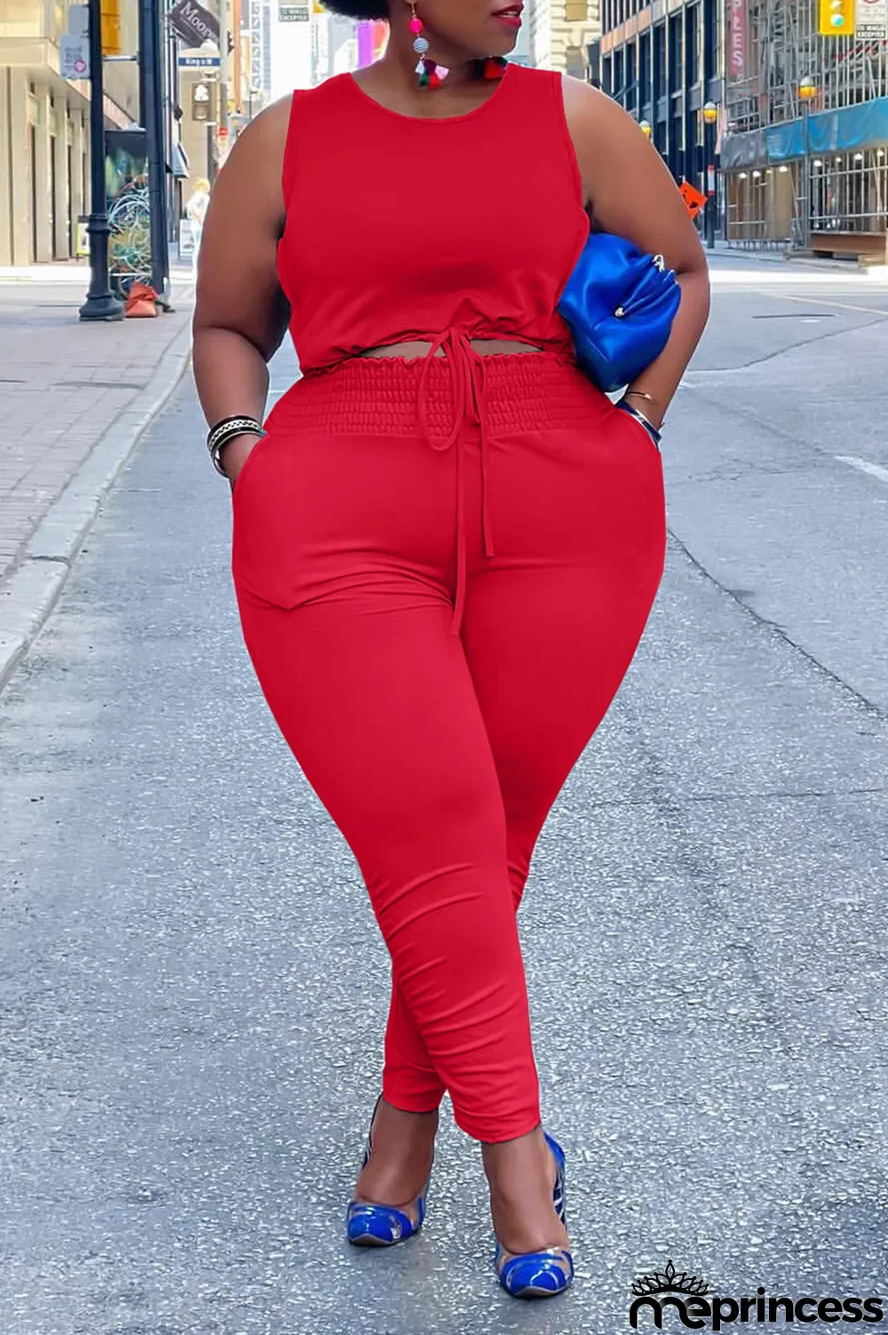 Sky Blue Casual Solid Split Joint O Neck Plus Size Two Pieces