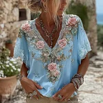 Women's Pink Roses Embroidered Art V-neck Short Sleeve Linen Blend T-shirt - Image 6
