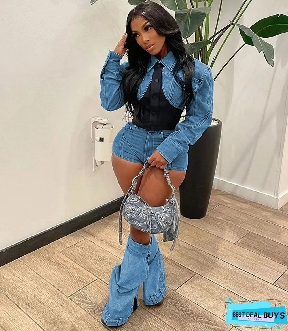 Women Casual Stretch Contrast Denim Top and Shorts Two-Piece Set