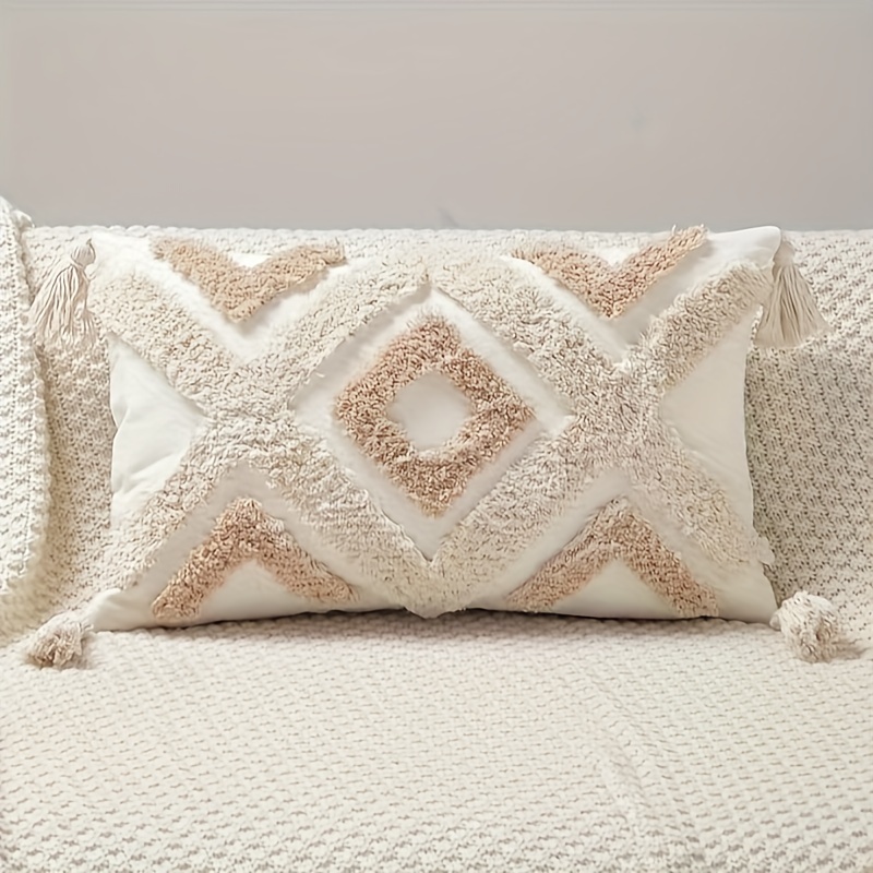1pc Luxurious Boho Beige Tufted Throw Pillow Cover - Accent Decorative Pillowcase with Tassel Trim for Couch, Bed, Sofa, Living Room - No Pillow Insert, Easy Care, Soft Fabric, Neutral Color, Versatile Design