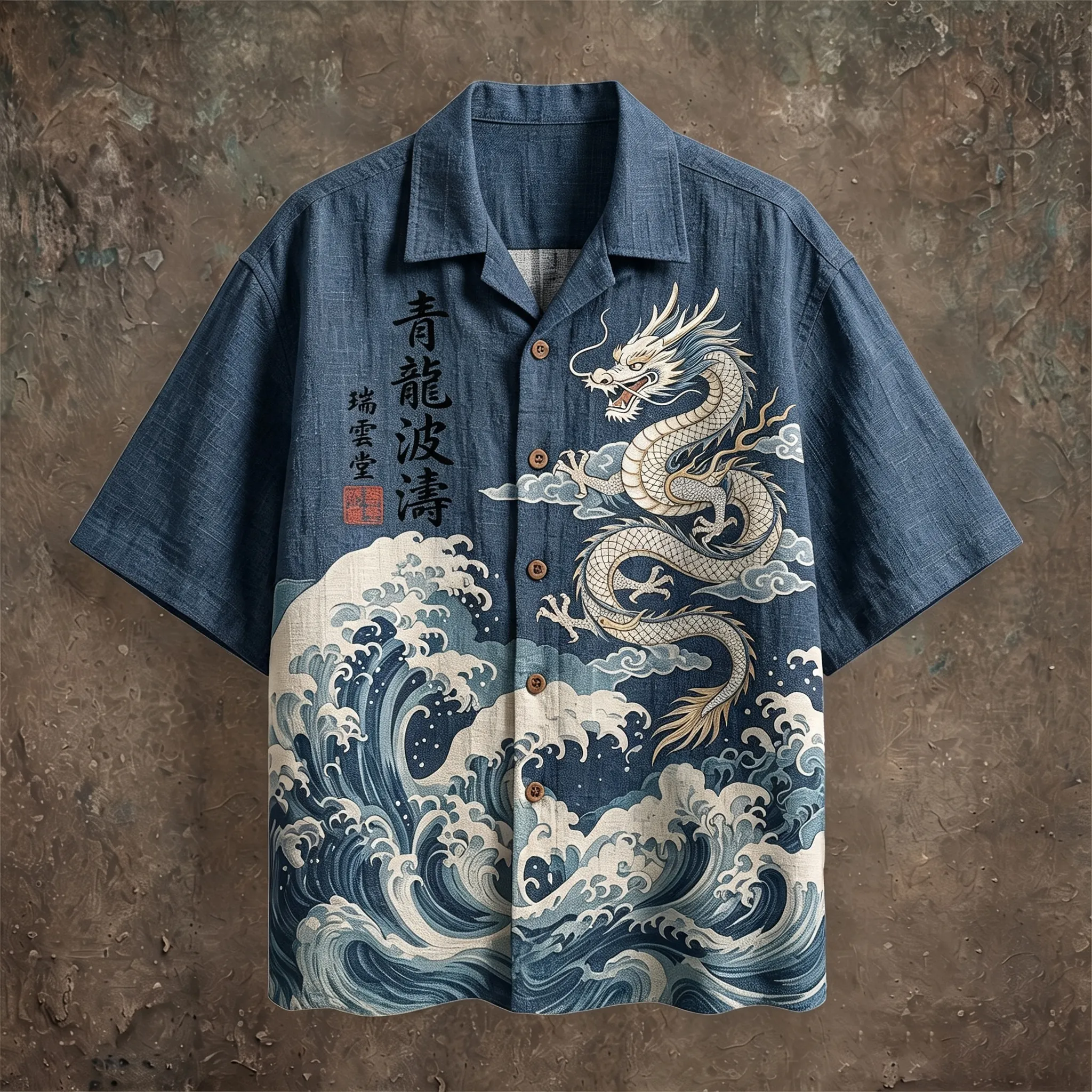 Men's Vintage Japanese Wave And Dragon Art Print Short Sleeve Shirt  artssus