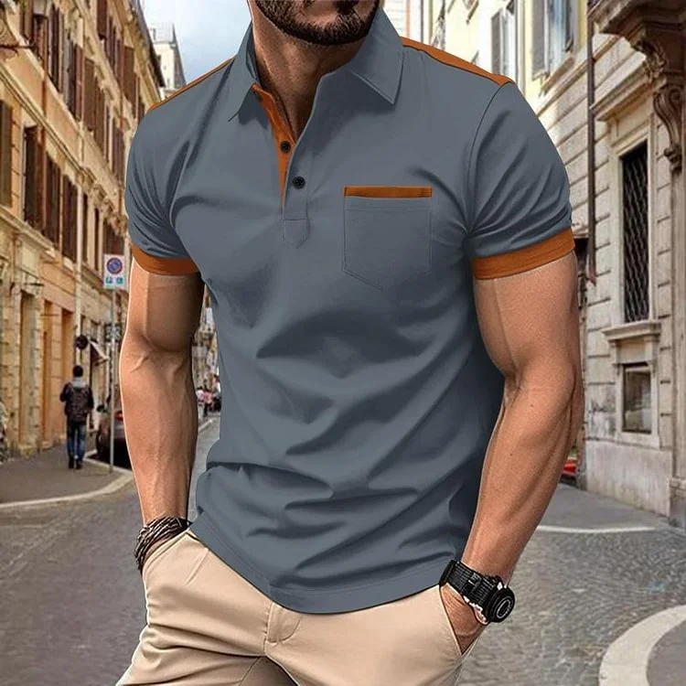 Men's Colorblock Chest Pocket Lapel Short Sleeve Shirt Radinnoo.com