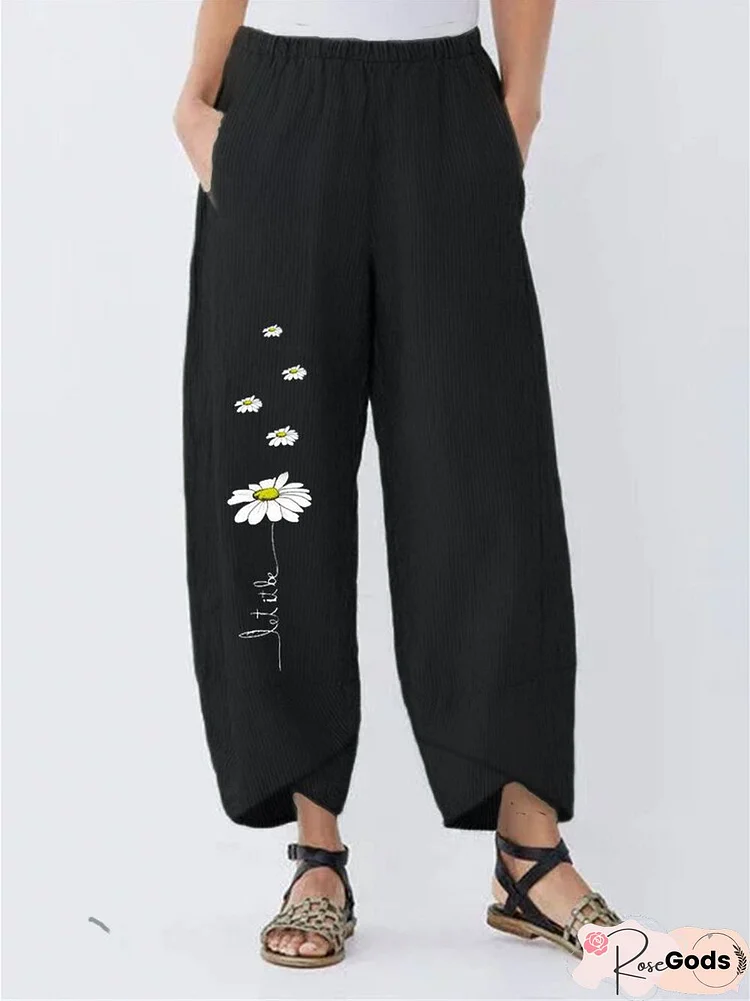 Women Black Floral Cotton Casual Bottoms