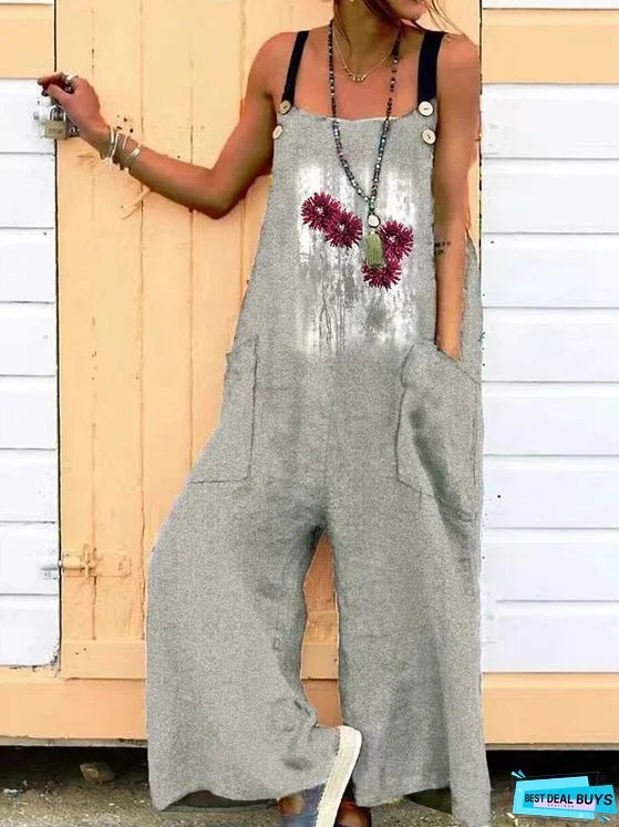 Women's Jumpsuits Loose Print Pocket Sleeveless Jumpsuit