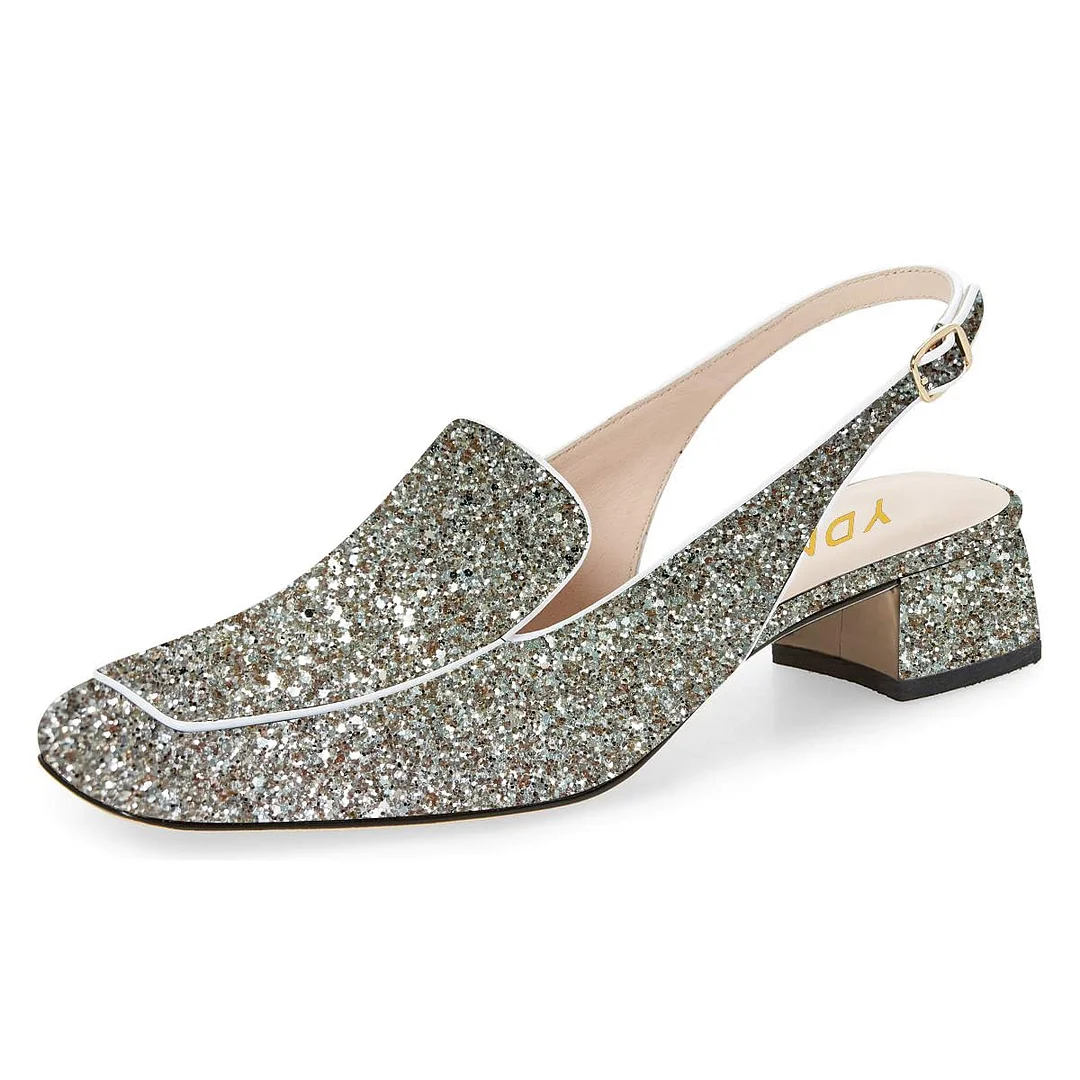 Silver Glitter Square Toe Slingback Chunky Heeled Loafers Women