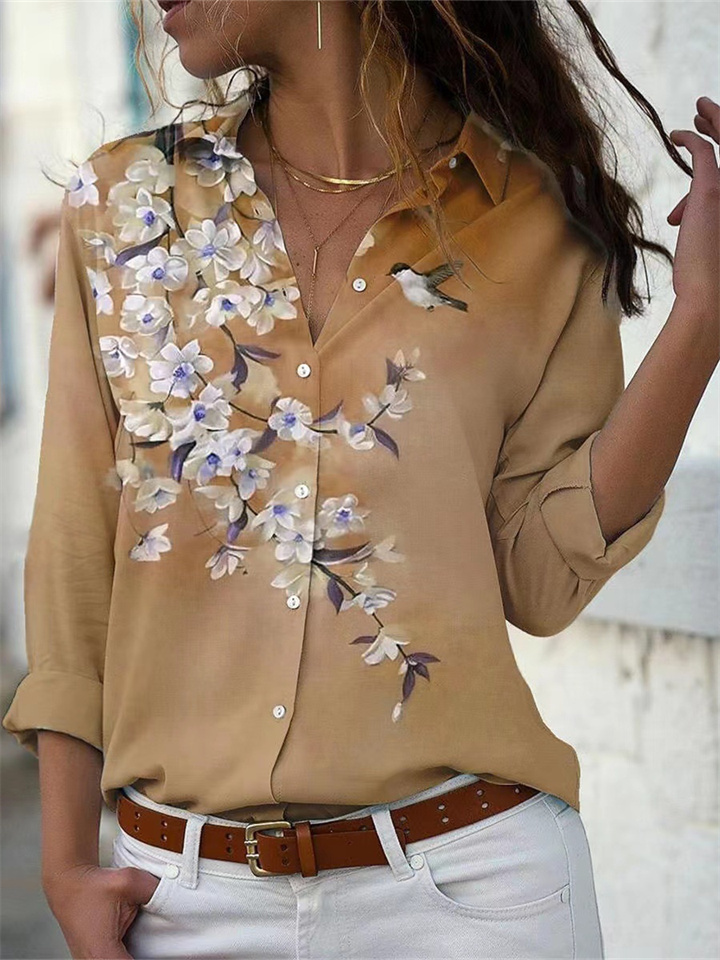 Floral Shirt Spring and Summer Models Lapel 3D Printed Women's Long-sleeved Printed Shirt S-5XL