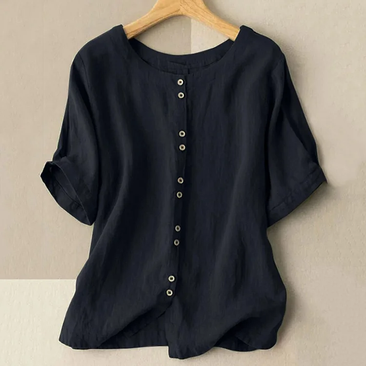 Art Retro Short Sleeve Casual Button Round Neck T-Shirt
