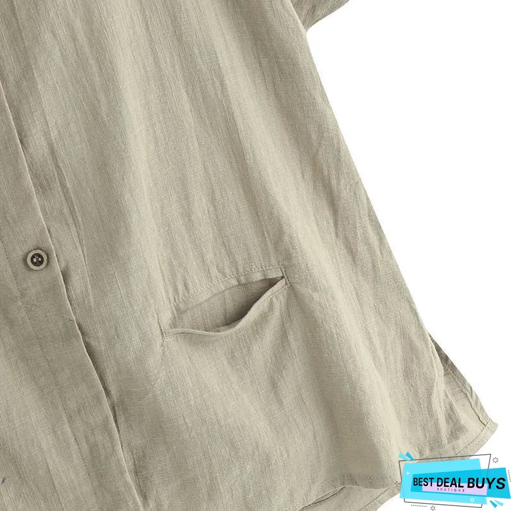 Oversized Vintage Cotton Tops Women Blouses Short Sleeve Buttons Casual Shirts Pockets Loose Tops