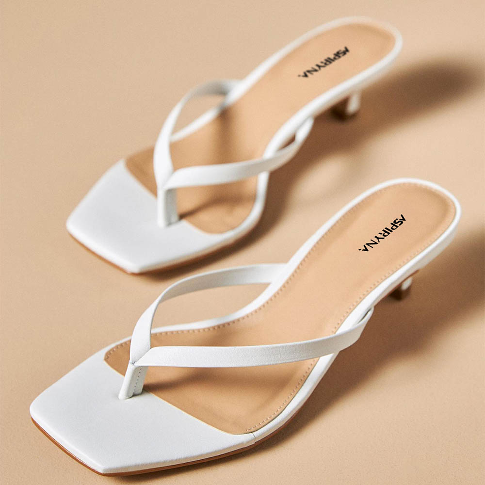 Vegan Leather White Square Toe Kitten Heel Flip Flops for Women Nicepairs