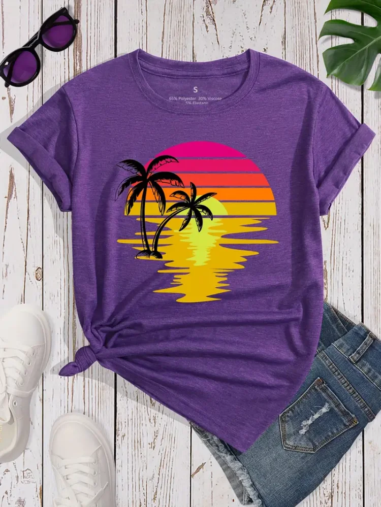 Womens Sunset Splendor T-Shirt - Vibrant Print, Soft Crew Neck, Short Sleeve - Perfect Spring & Summer Top for Fashion-Forward Ladies