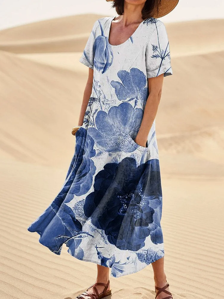 Sun Print Effect Mixed Floral Art Printed Women's Linen Pocket Dress