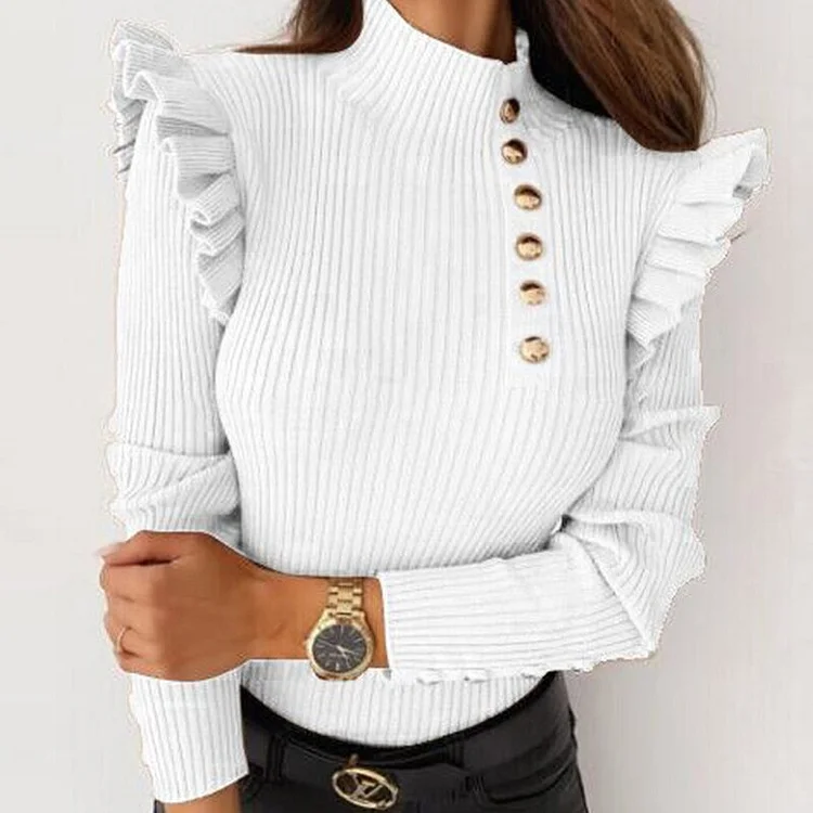 Long-sleeved Slim Buttoned Ruffled Bottoming Shirt Top