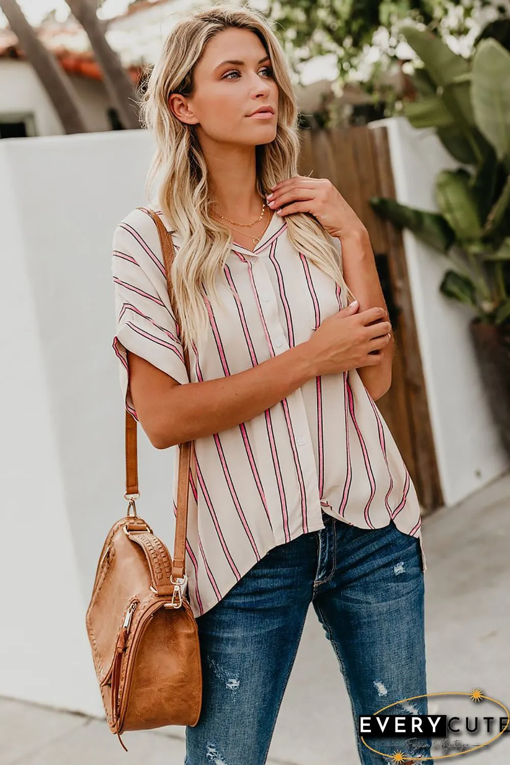 Pink Striped Short Sleeve Buttoned Pocket Shirt