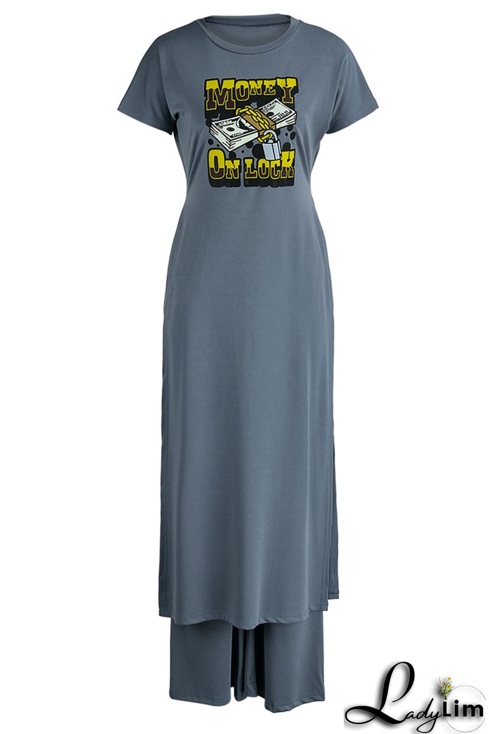 Black Casual Print Patchwork Slit O Neck Short Sleeve Two Pieces