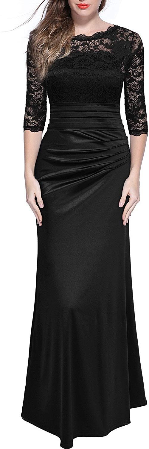 Women's Retro Floral Lace Vintage 2/3 Sleeve Slim Ruched Wedding Maxi Dress
