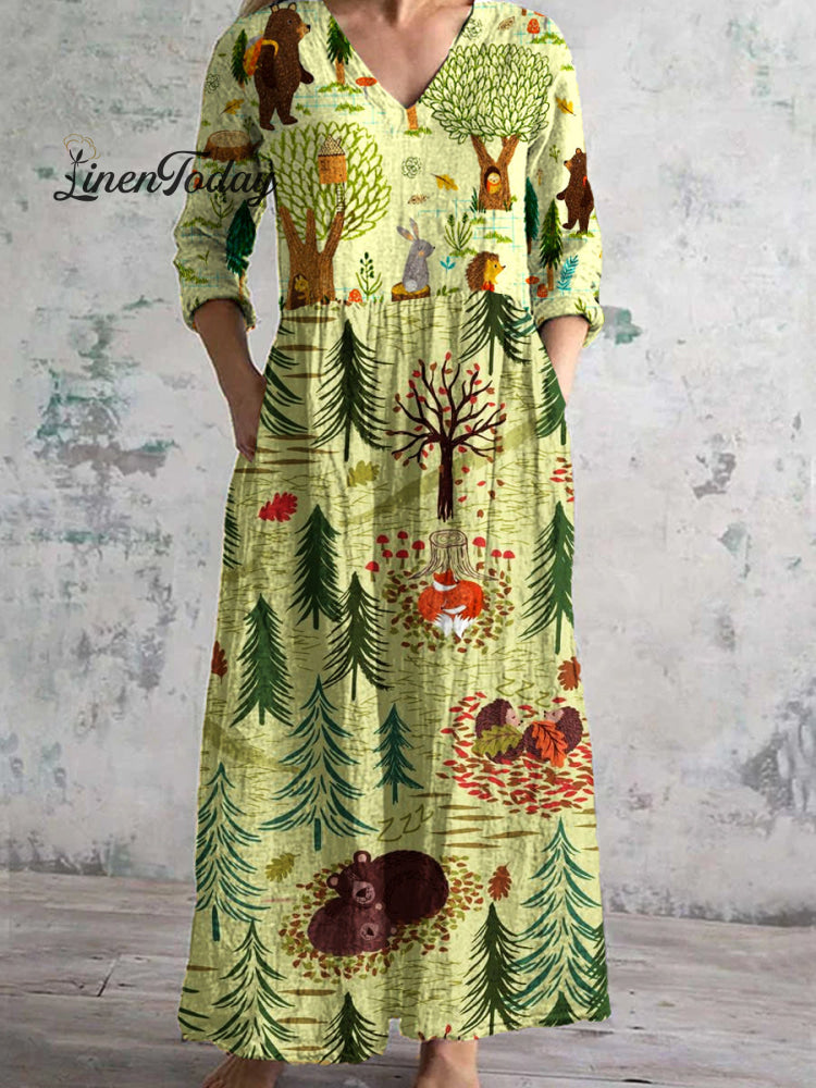 Vintage Floral Art Print Chic V Neck Three Quarter Sleeve Elegant Midi Dress A / S