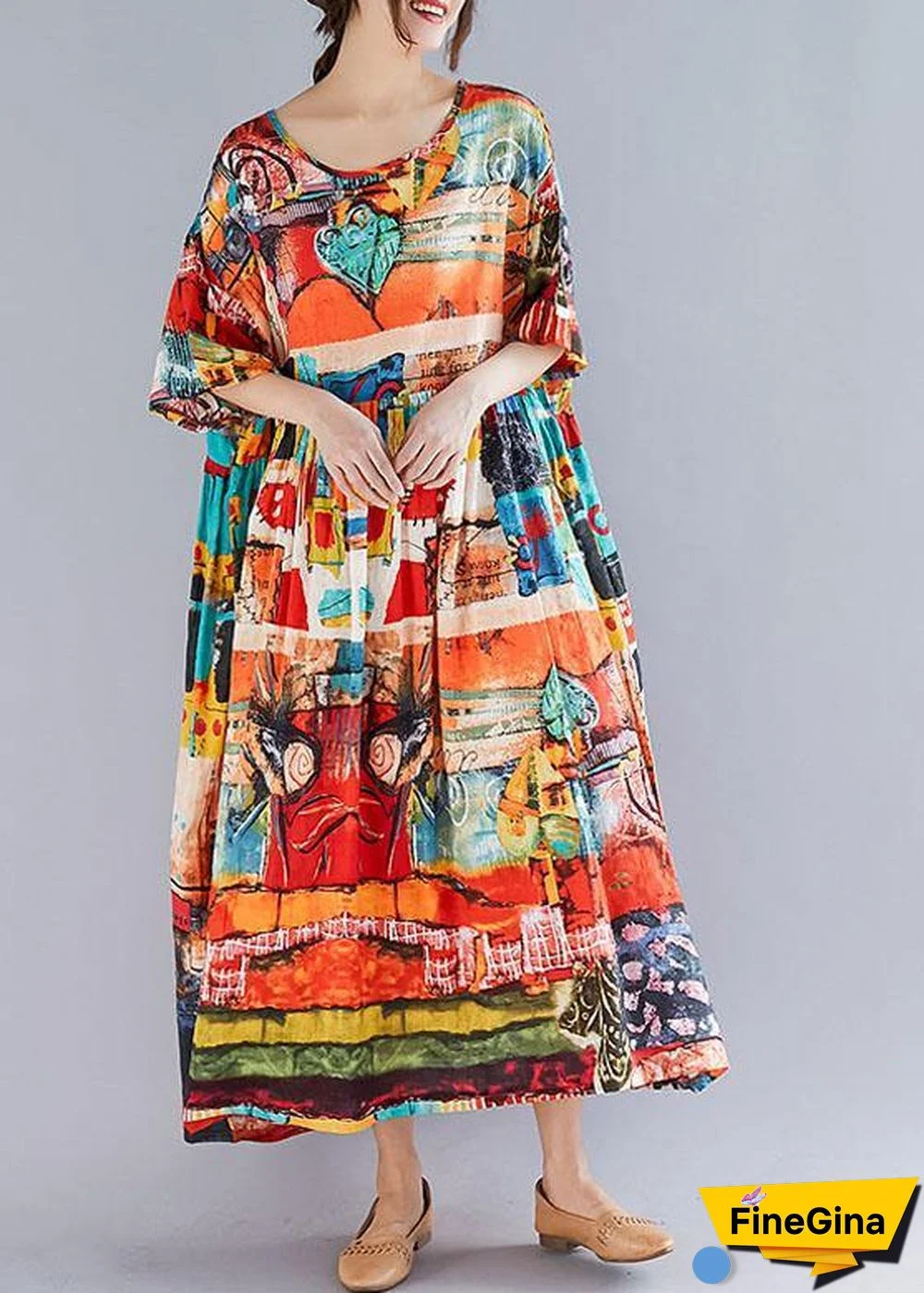 Loose prints cotton linen quilting dresses short sleeve big hem loose summer Dress
