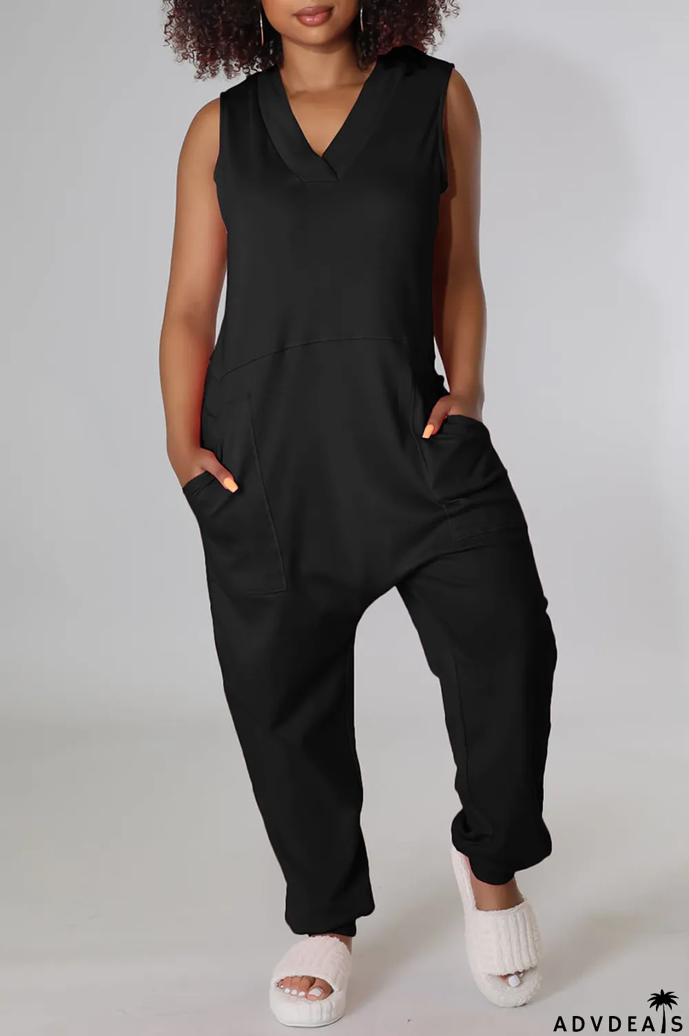 Rose Red Casual Solid Split Joint V Neck Straight Jumpsuits