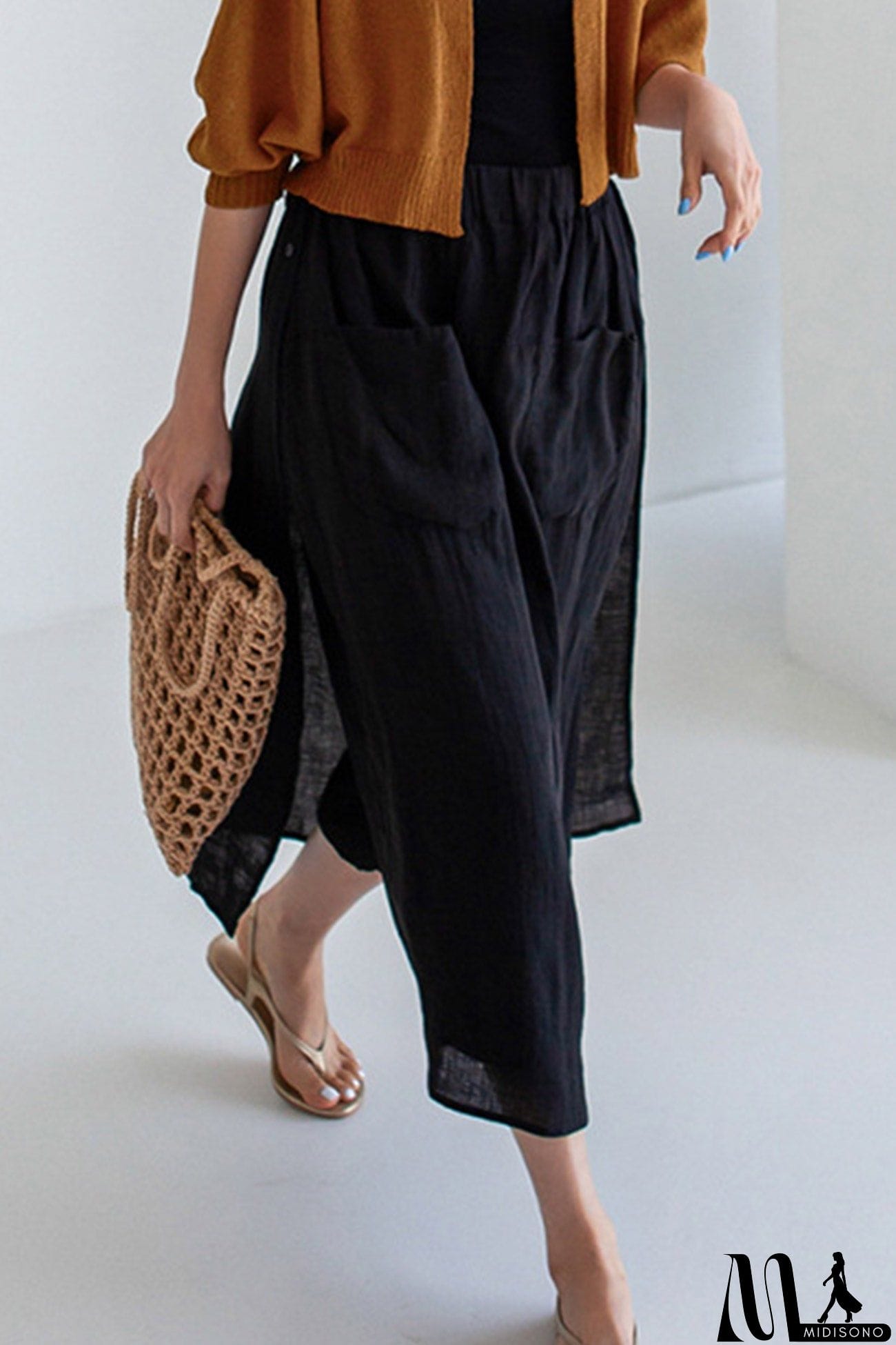 MidiSono - Linen Solid Pocketed Midi Skirt