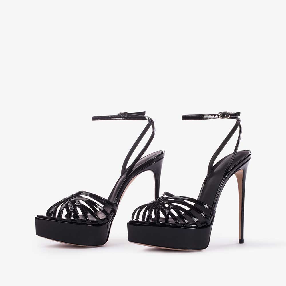 Black Patent Leather Pointed Toe Stiletto Heel Platform Sandals Nicepairs