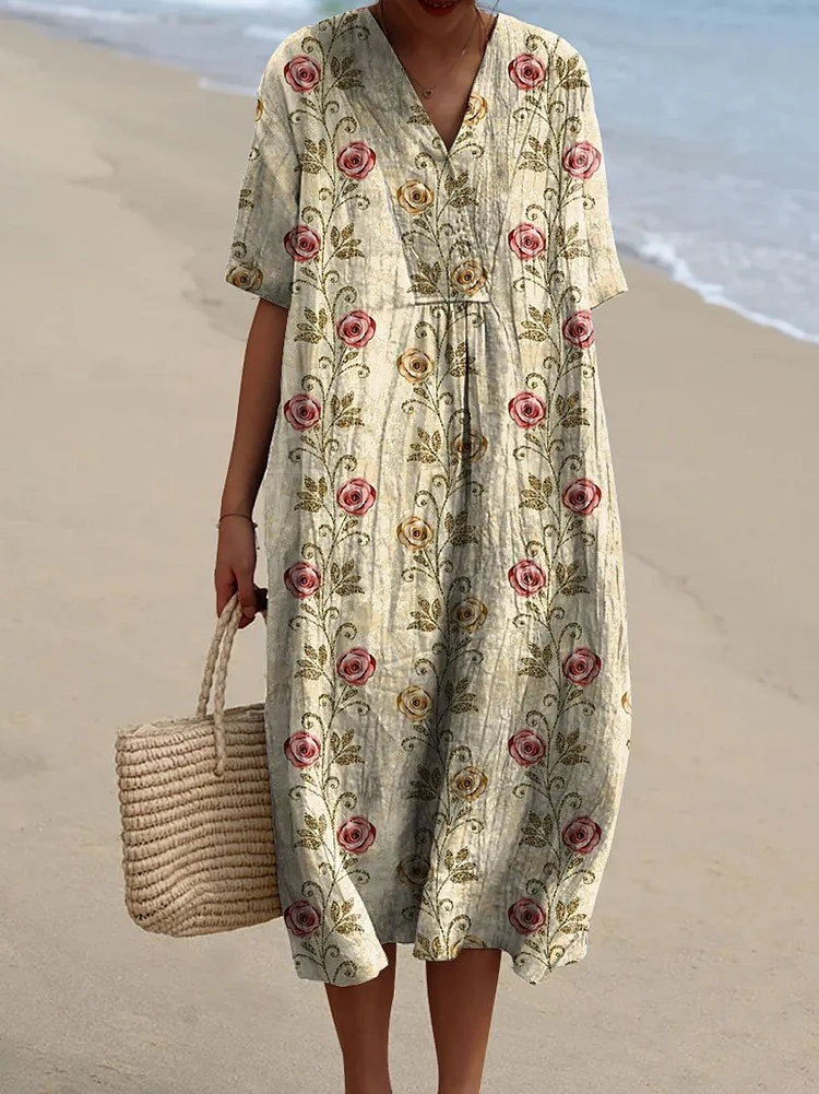 Women's Rose Art Print Flowy Dress