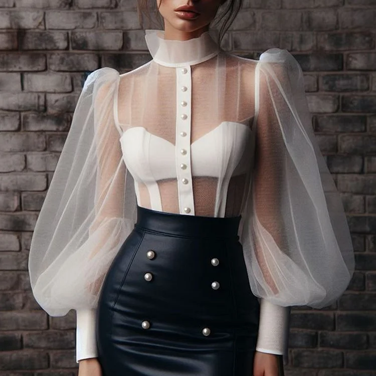 Fashion See-Through Mesh Stand Collar Lantern Sleeve Button Blouse