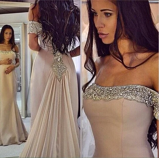 Sparkling Off the shoulder prom dresses Chiffon Mermaid evening dresses Beads Arabic Custom Made Cheap Party Prom Gowns